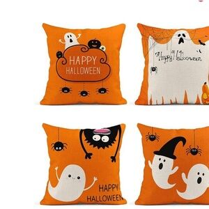 Set of 4 Halloween Themed Orange Throw Pillows